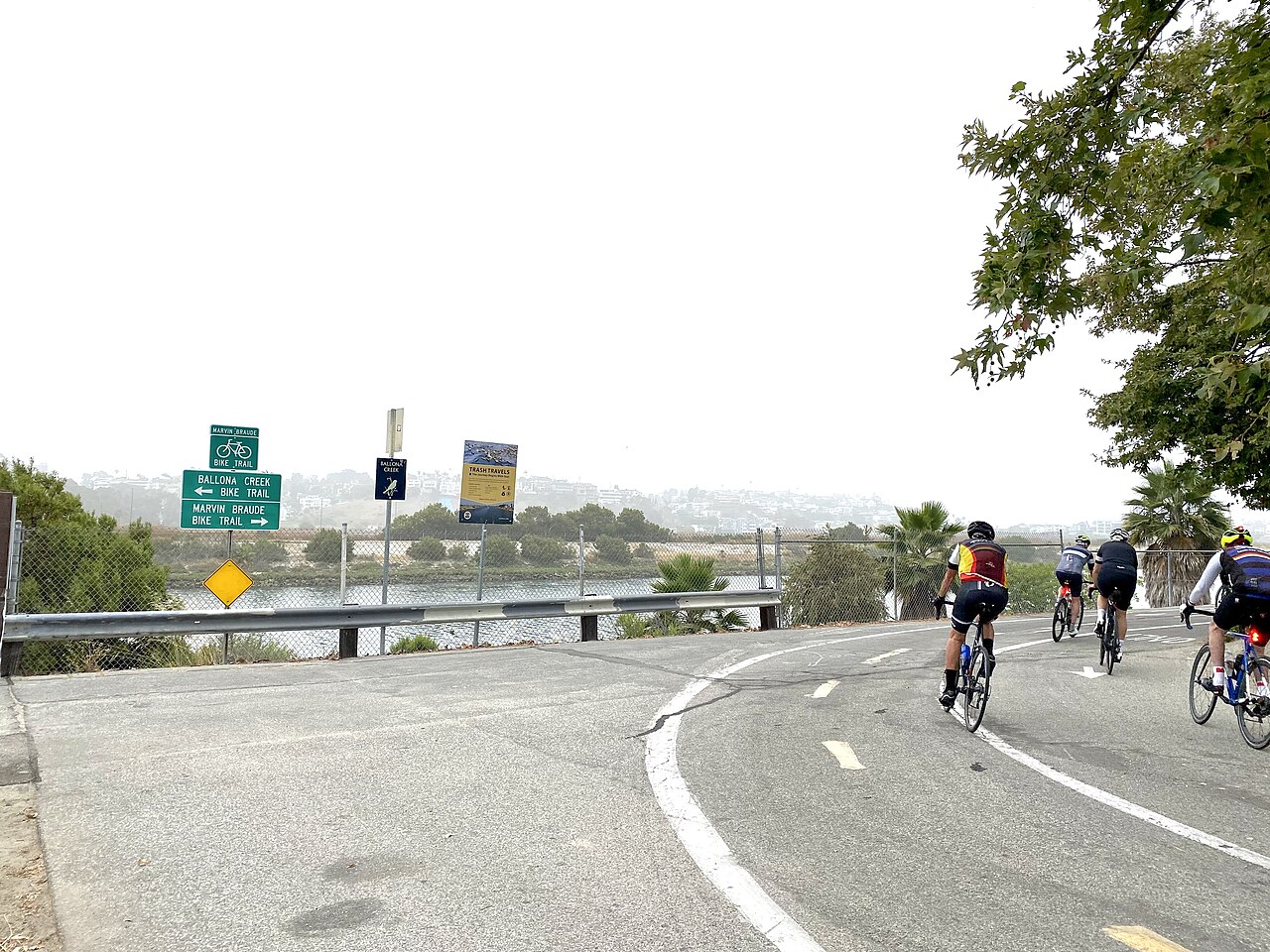 Cyclists and direction signs at the Ballona and Marvin Braude trail junction